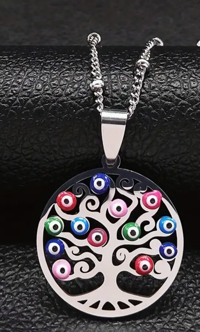 COLLAR EN STAINLESS STEEL CON COLGANTE DE ARBOL CON OJOS TURCOS DE COLORES