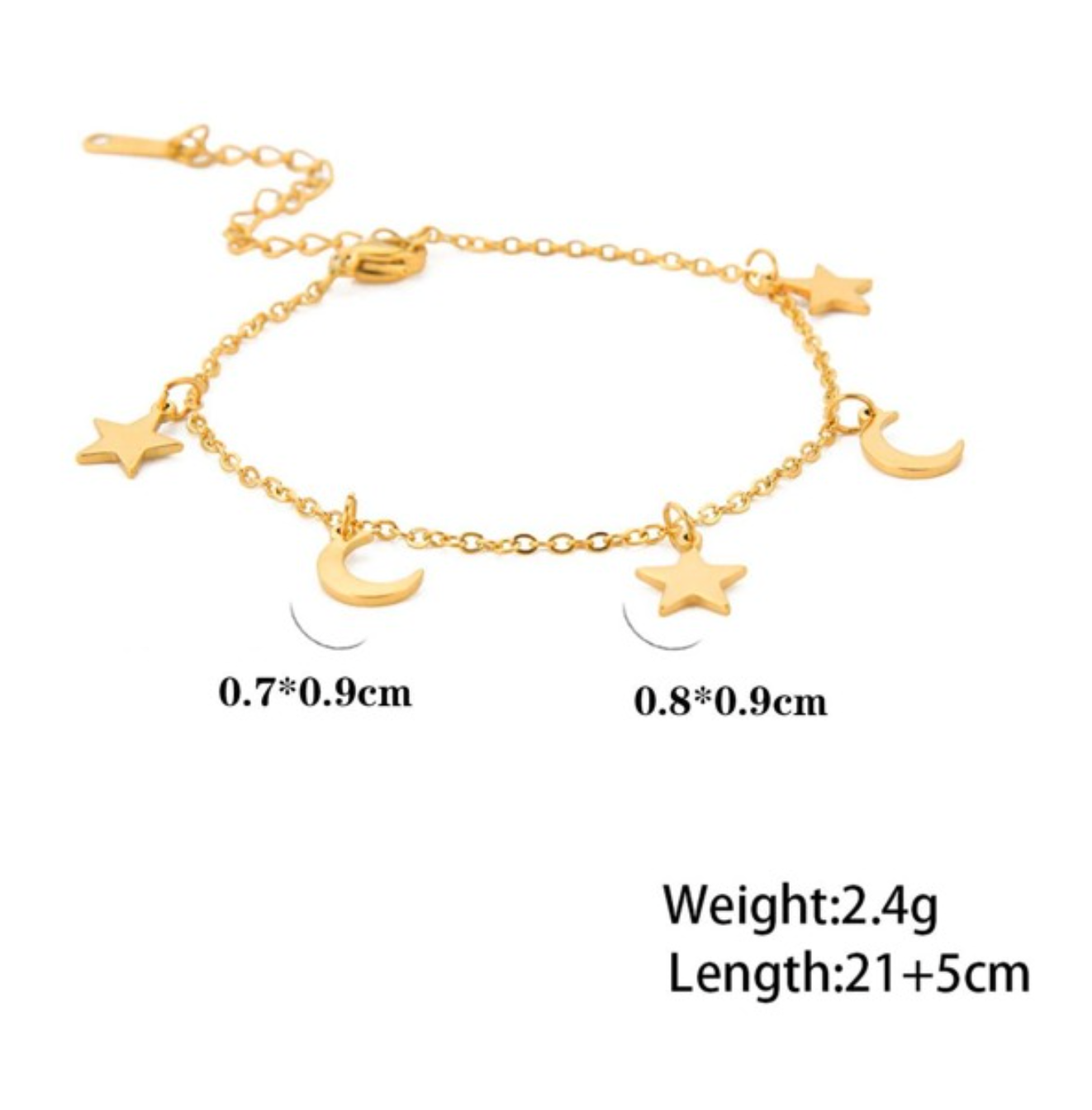 TOBILLERA EN STAINLESS STEEL DORADO CON LUNAS Y ESTRELLAS