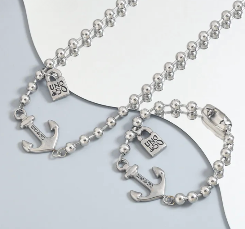 SET DE CADENA Y PULSERA EN STAINLESS STEEL CON ANCLA Y CANDADO