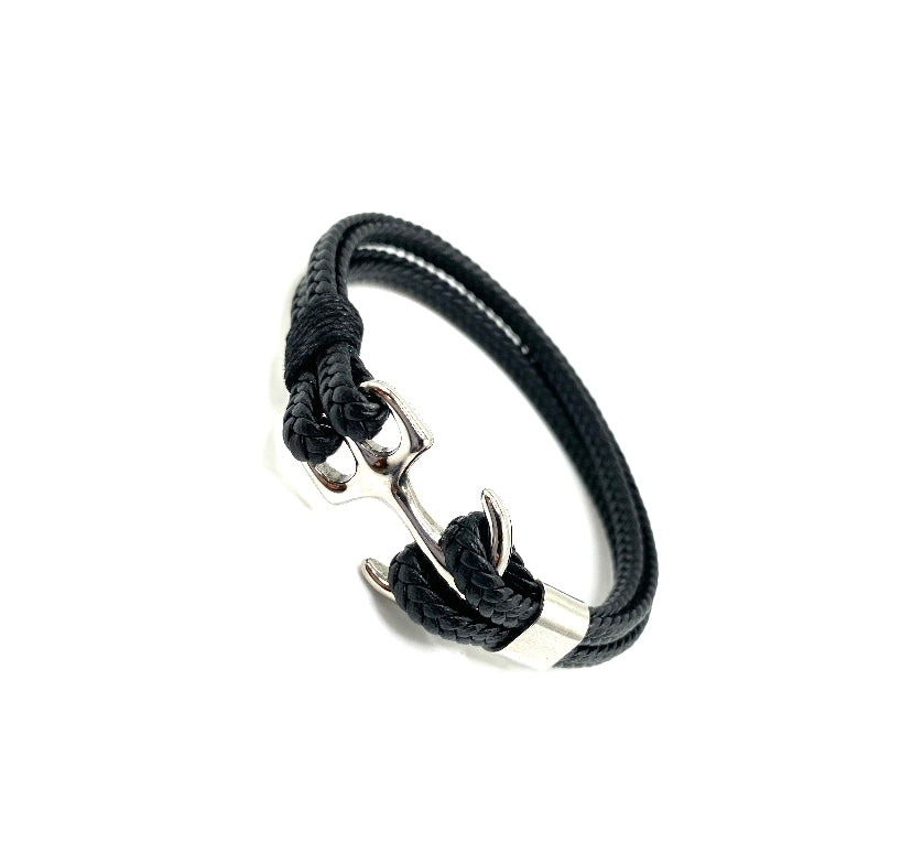 PULSERA DE LEATHER NEGRO Y ANCLA EN STAINLESS STEEL PLATEADA