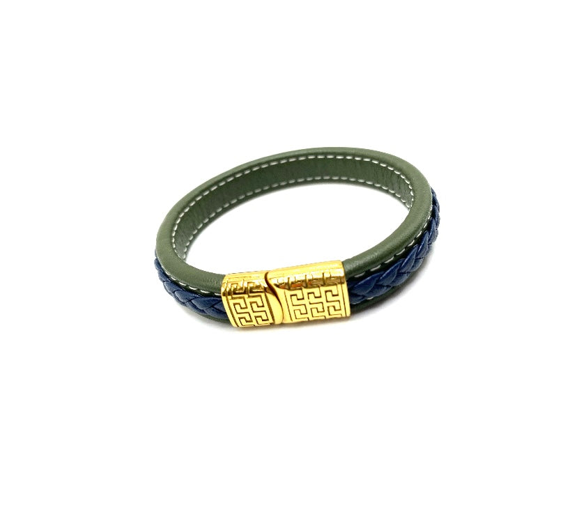 PULSERA DE LEATHER AZUL Y VERDE Y STAINLESS STEEL DORADO
