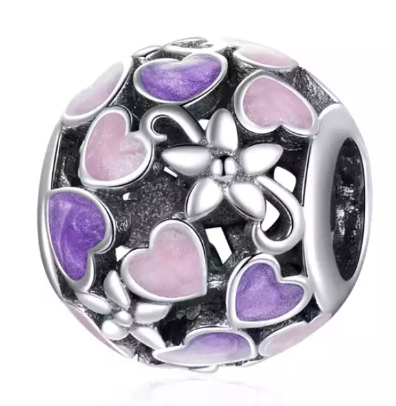 CHARM SILVER 925 CON CORAZONES VIOLETAS Y ROSA