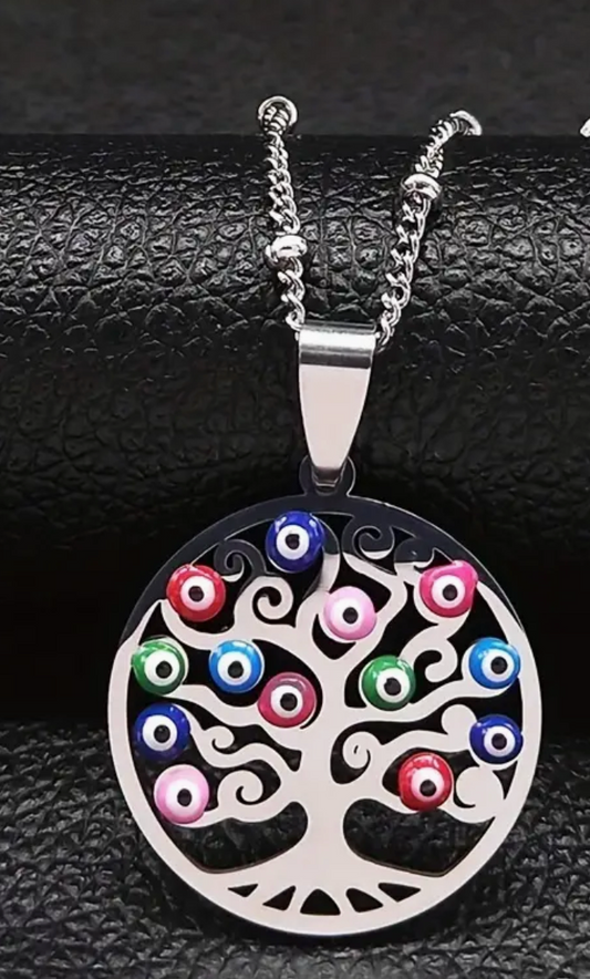 COLLAR EN STAINLESS STEEL CON COLGANTE DE ARBOL CON OJOS TURCOS DE COLORES