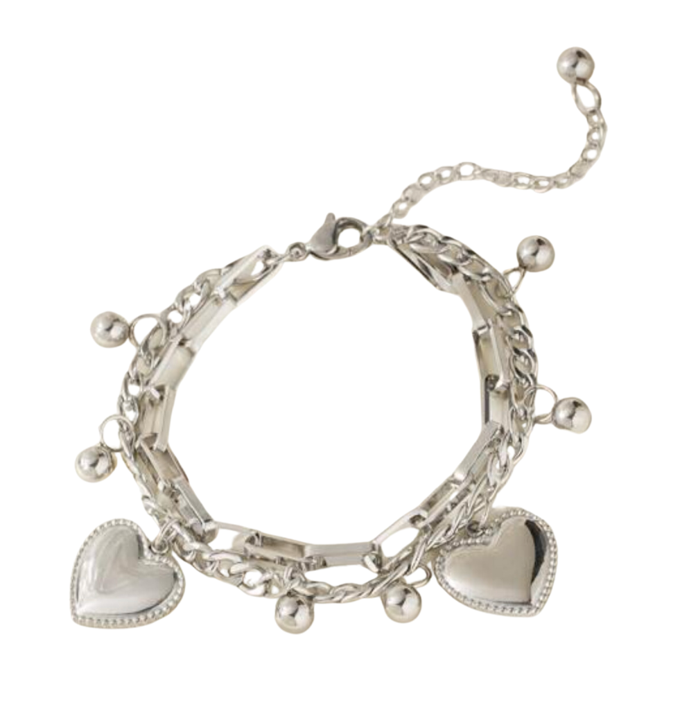 PULSERA EN FASHION STEEL PLATEADO CON CORAZONES